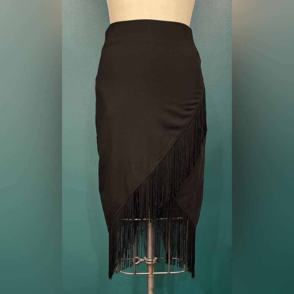 Forever 21 black asymmetrical pencil skirt with fringe hem, sz S